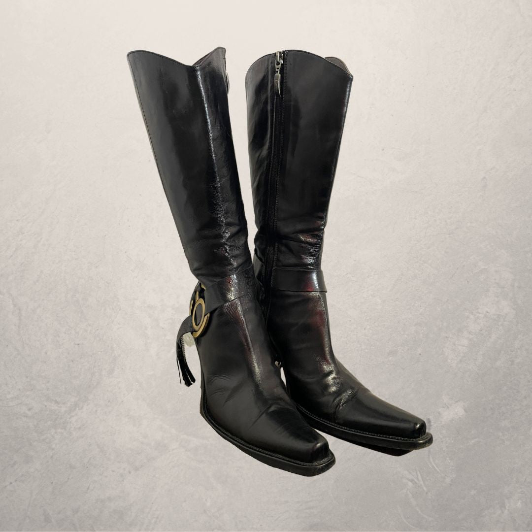 VINTAGE leather black buckle boots size 42
