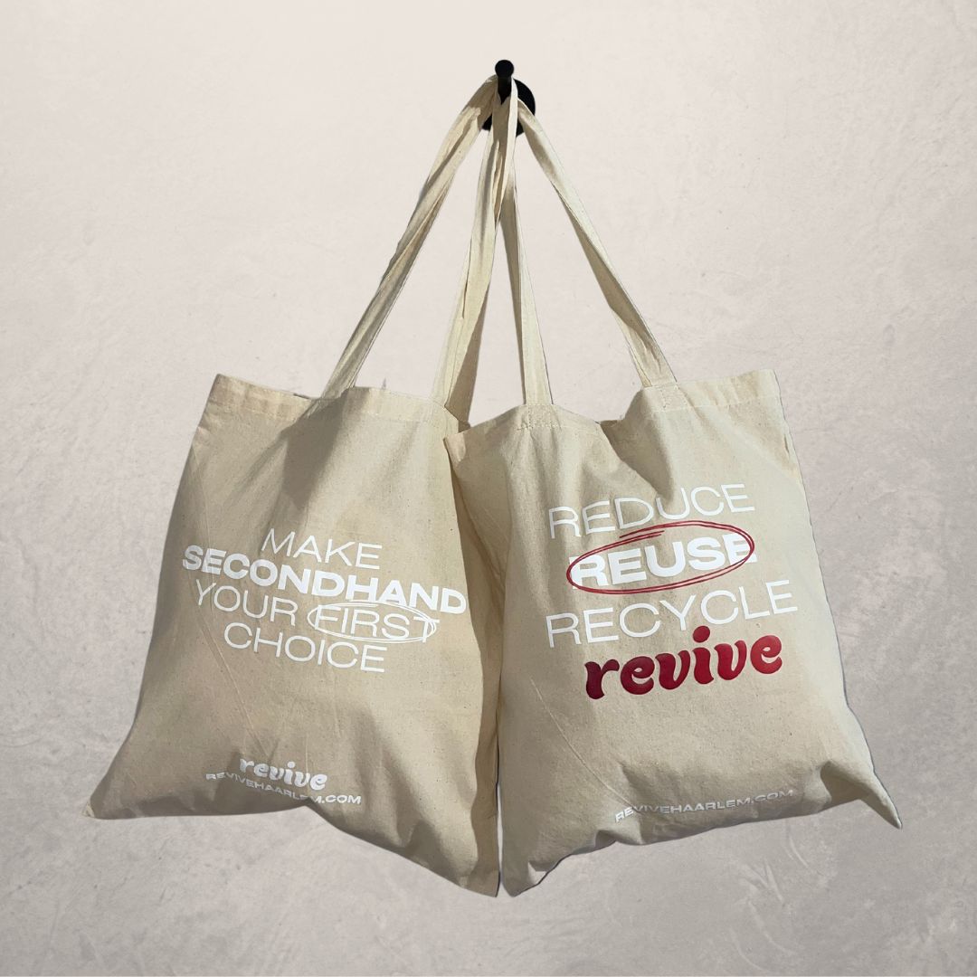 "Reduce, Reuse, Recycle, REVIVE" draagtas van gerecycled katoen
