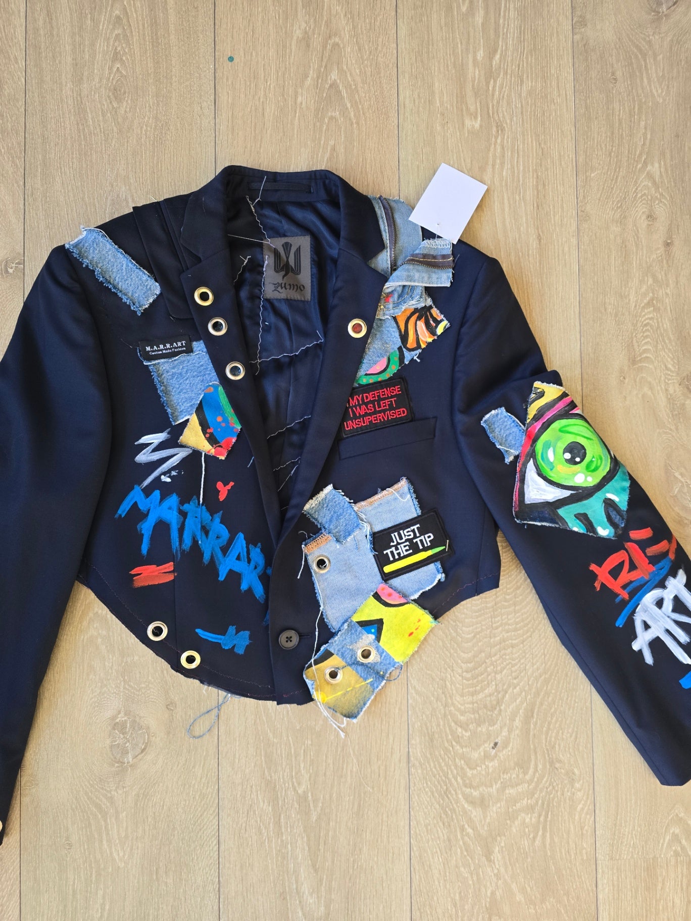 Black cropped blazer patched S/M- By M.a.r.r.art