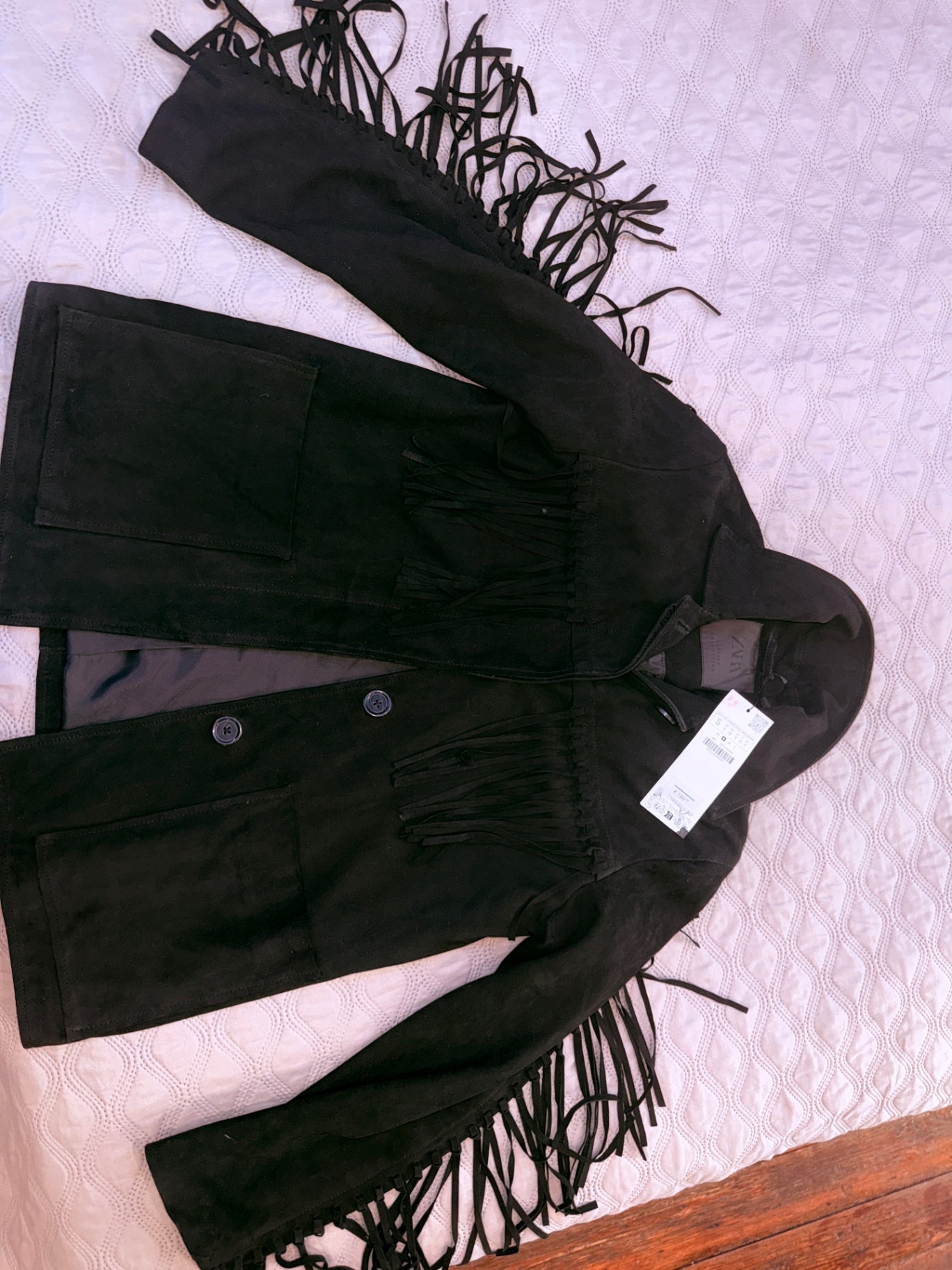 Zara black leather collection fringe jacket S