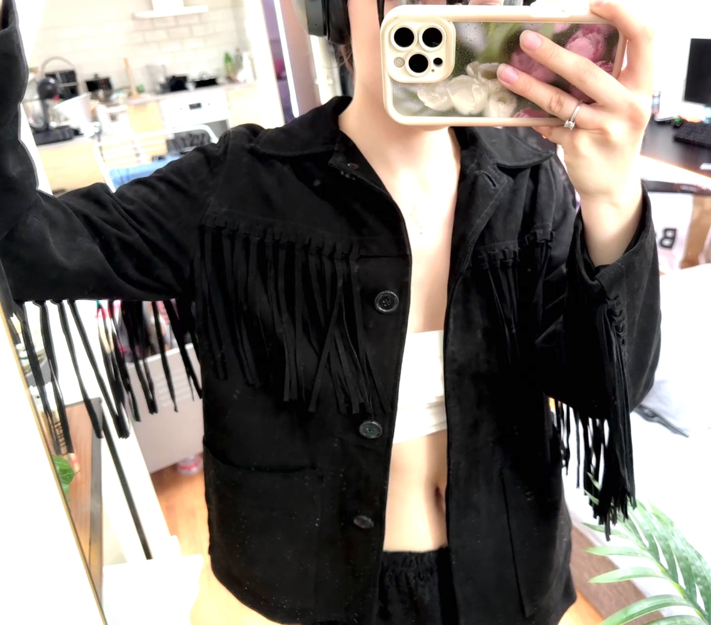 Zara black leather collection fringe jacket S