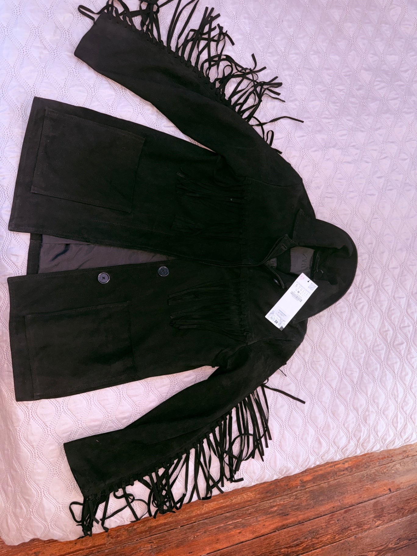 Zara black leather collection fringe jacket S