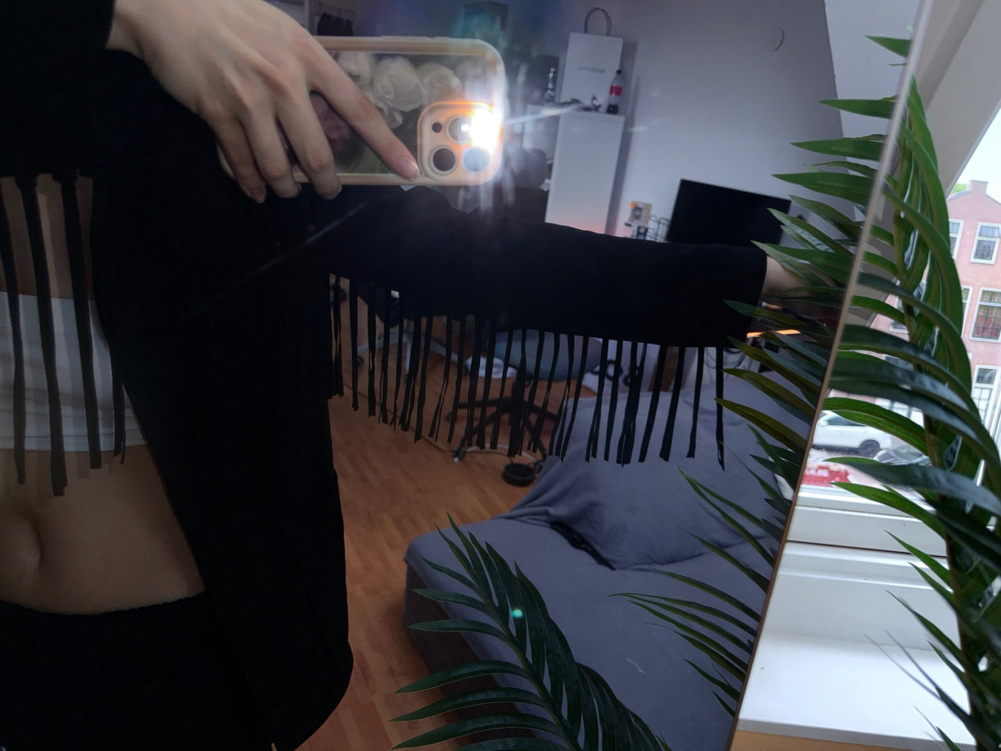 Zara black leather collection fringe jacket S