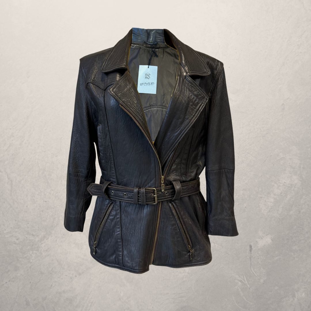 Vintage black leather + cow skin UPCYCLED jacket short M - by SESE