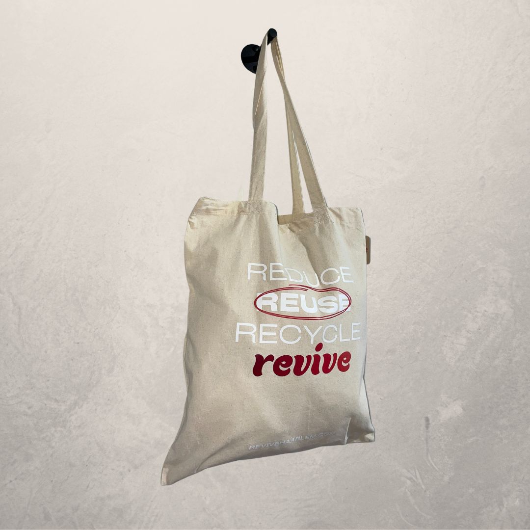 "Reduce, Reuse, Recycle, REVIVE" draagtas van gerecycled katoen