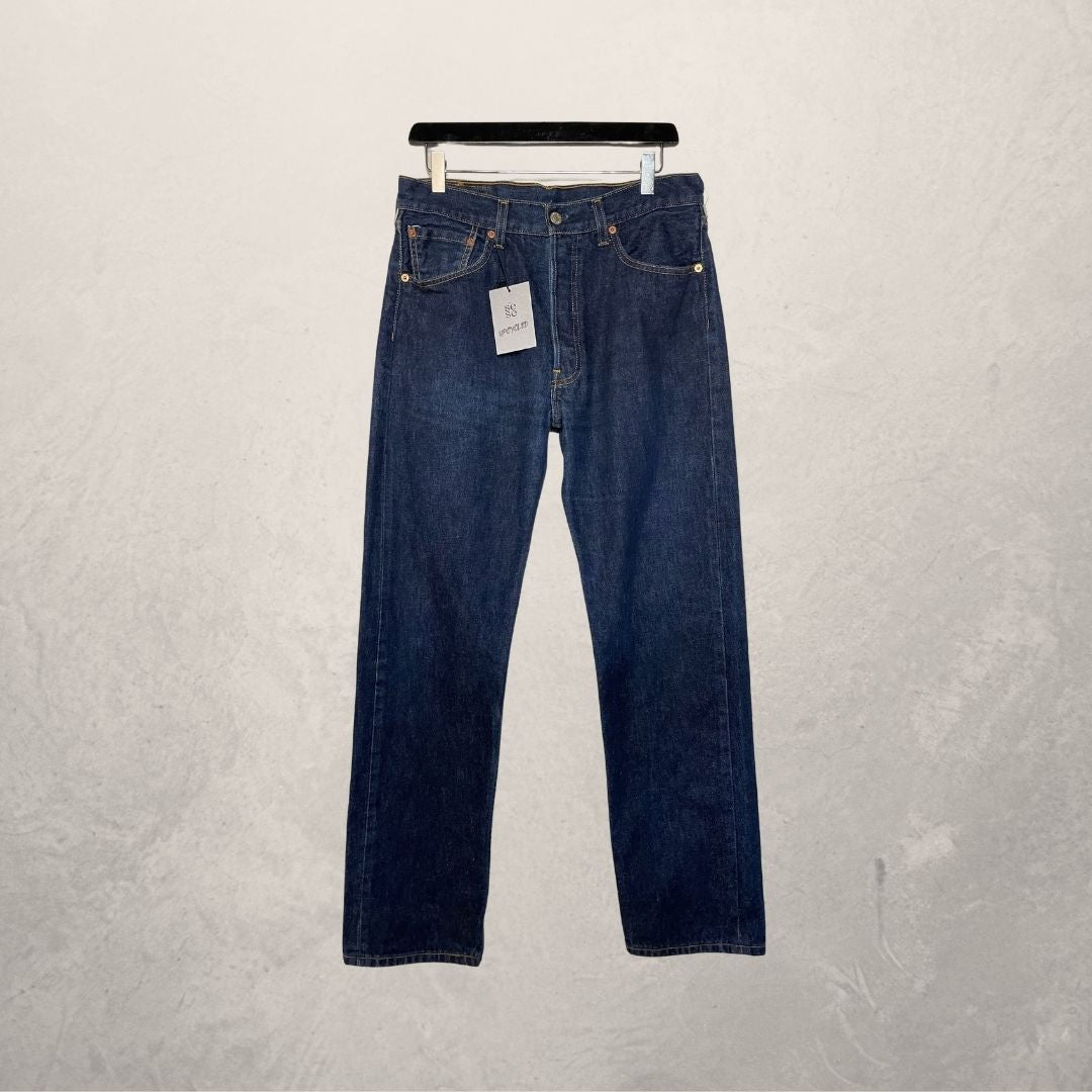 Dark blue cotton + cow skin UPCYCLED jeans S/M - by SESE
