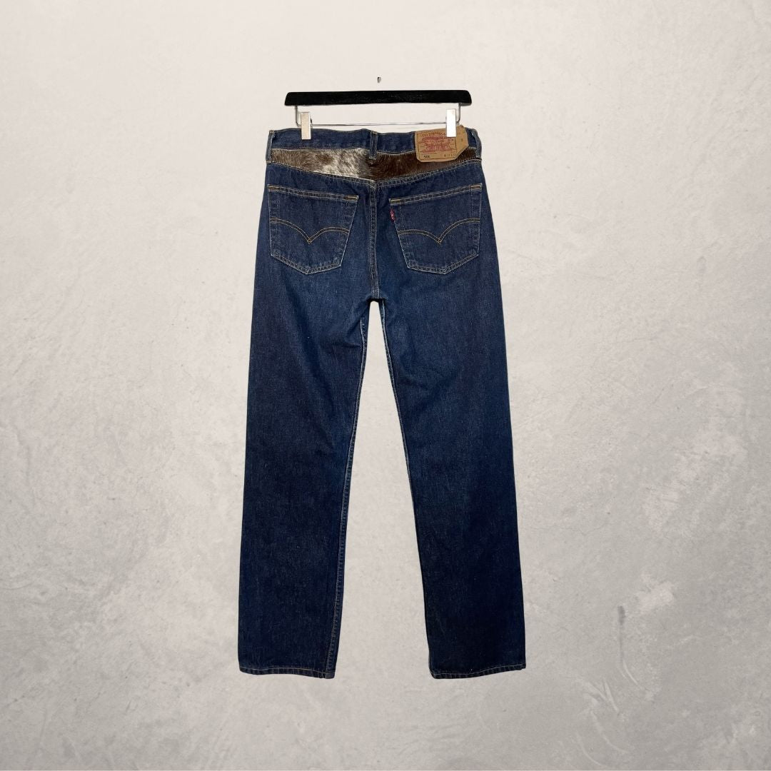 Dark blue cotton + cow skin UPCYCLED jeans S/M - by SESE