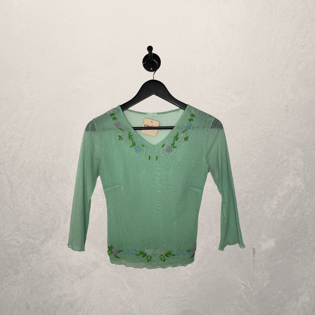 Vintage mint green beaded mesh top XS
