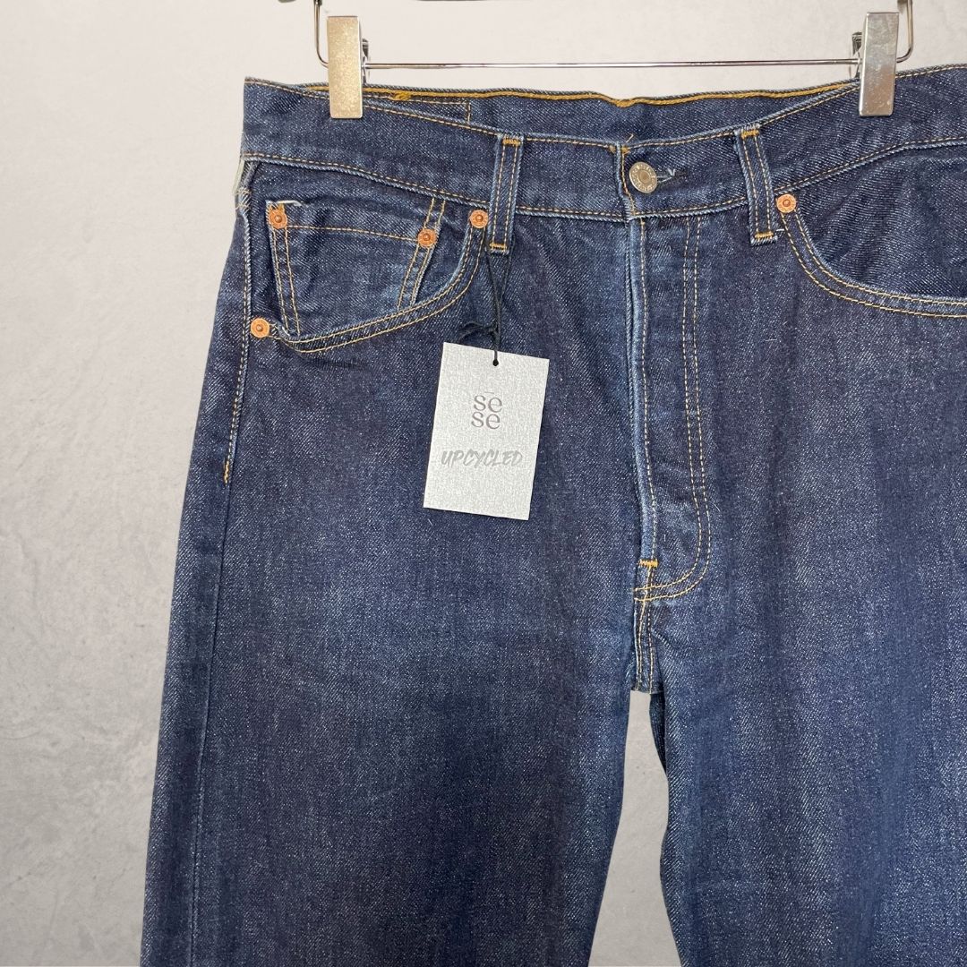 Dark blue cotton + cow skin UPCYCLED jeans S/M - by SESE
