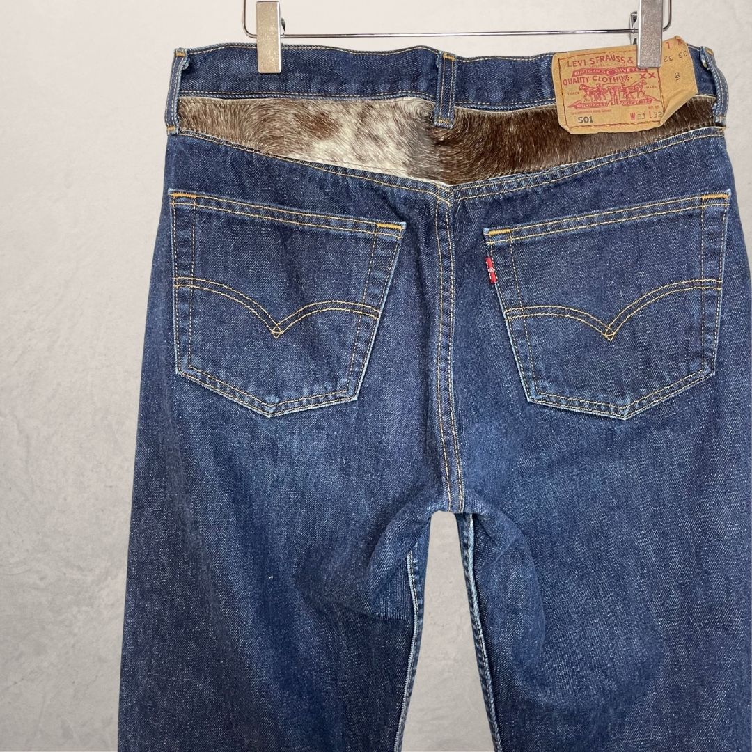 Dark blue cotton + cow skin UPCYCLED jeans S/M - by SESE