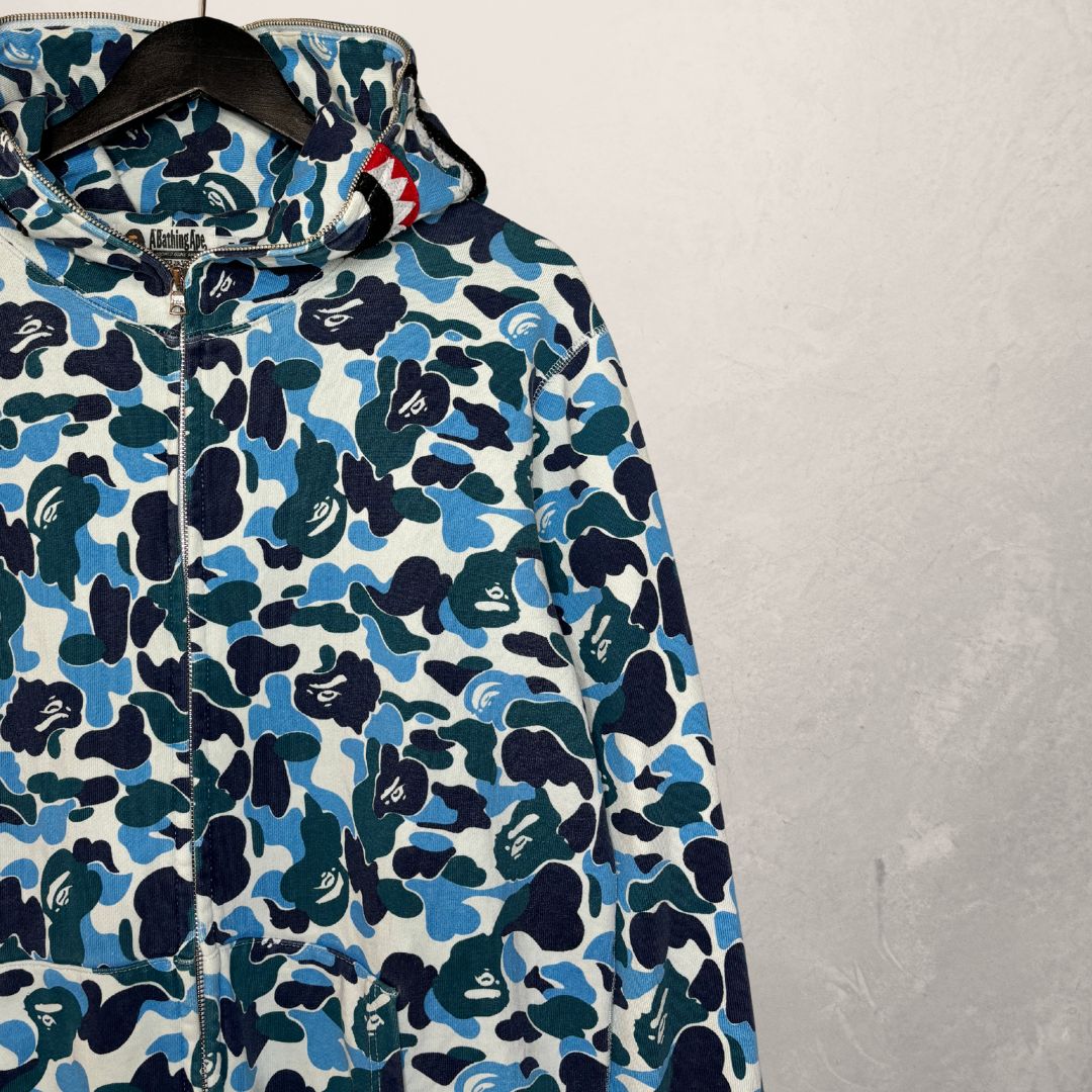 A Bathing Ape blue multi camoo shark full zip hoodie M