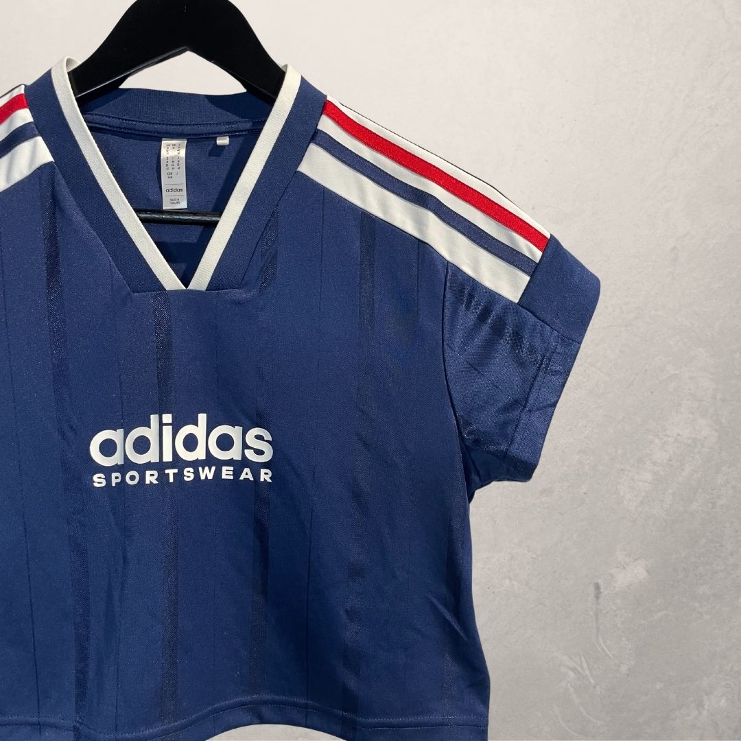 Adidas blue cropped jersey top S