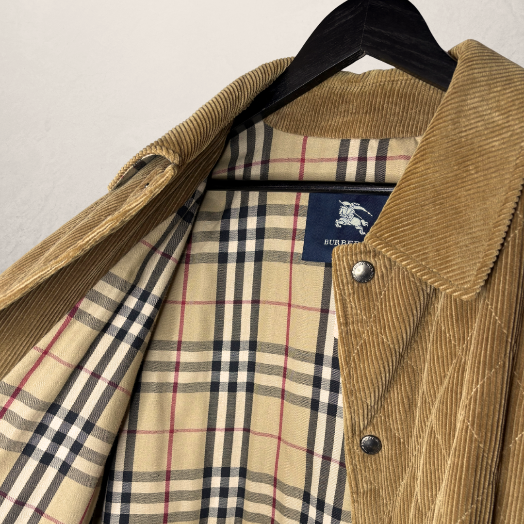 Burberry corduroy jas in beige/bruin met tartan voering maat L