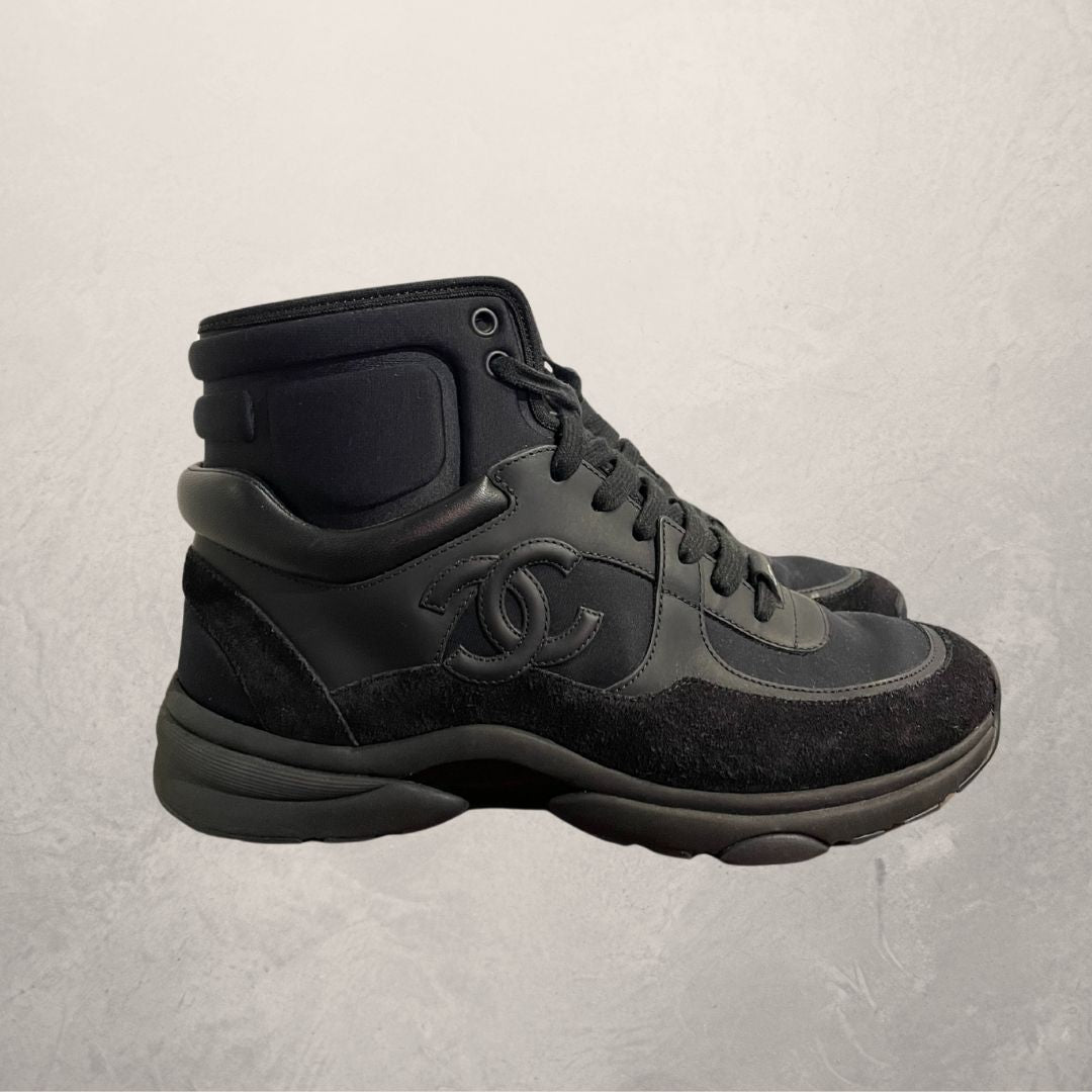Chanel black logo hi top trainers 39