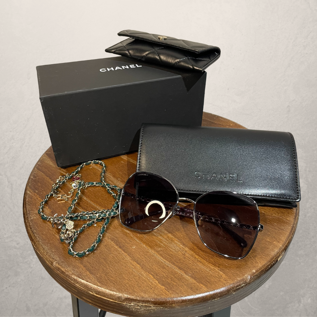 Chanel butterfly special edition pale gold gradient green sunglasses C46853 w/ case and chain