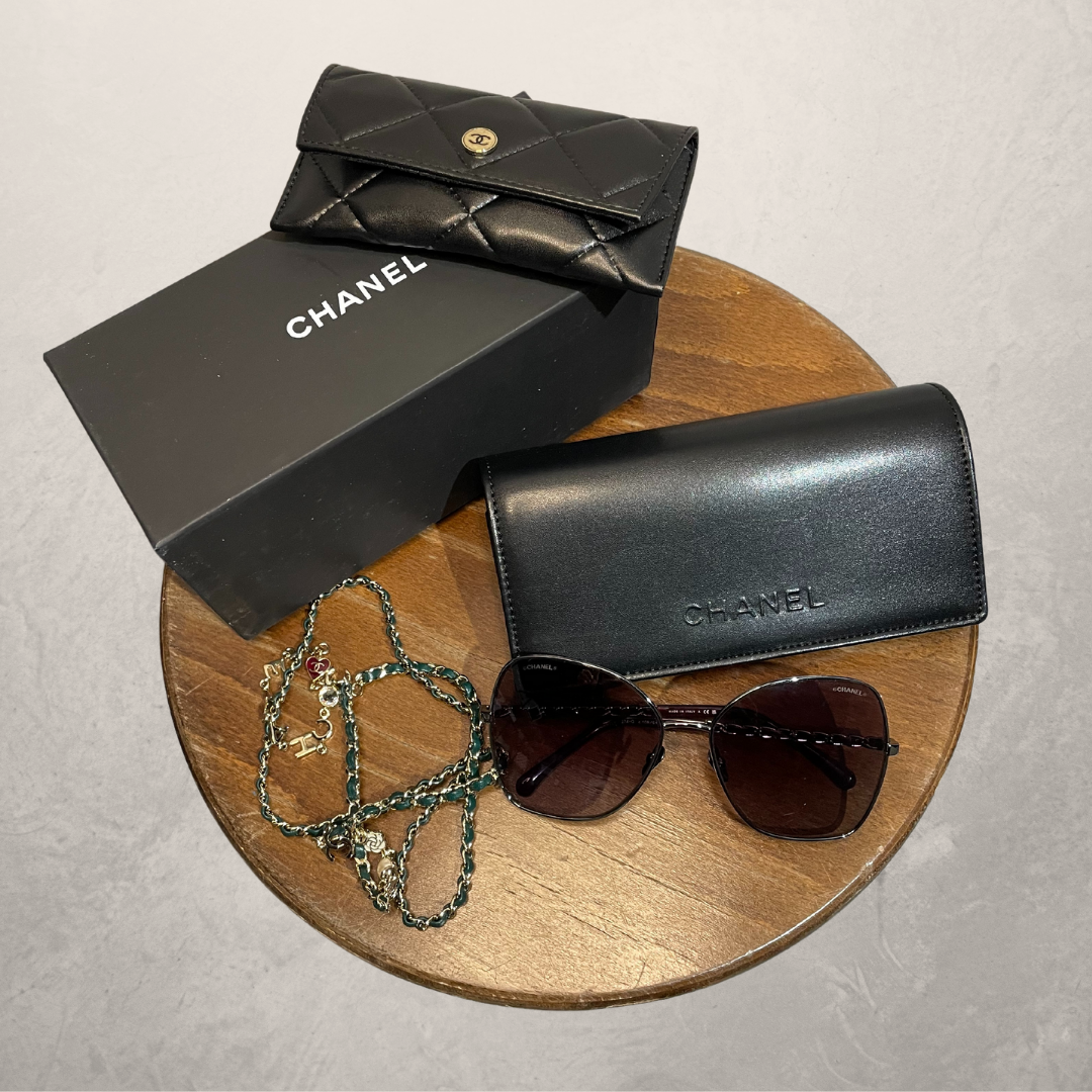 Chanel butterfly special edition pale gold gradient green sunglasses C46853 w/ case and chain