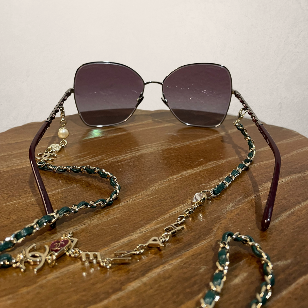 Chanel butterfly special edition pale gold gradient green sunglasses C46853 w/ case and chain