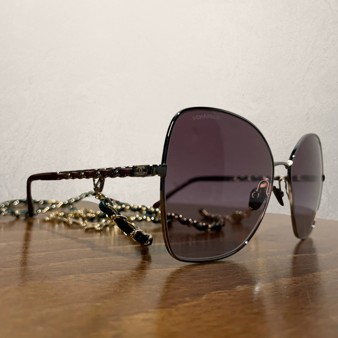 Chanel butterfly special edition pale gold gradient green sunglasses C46853 w/ case and chain