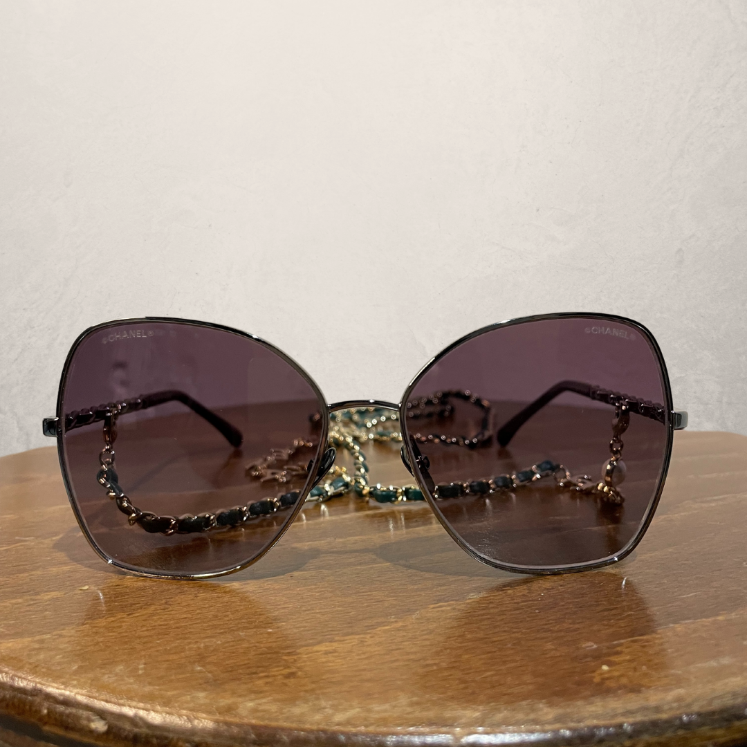Chanel butterfly special edition pale gold gradient green sunglasses C46853 w/ case and chain