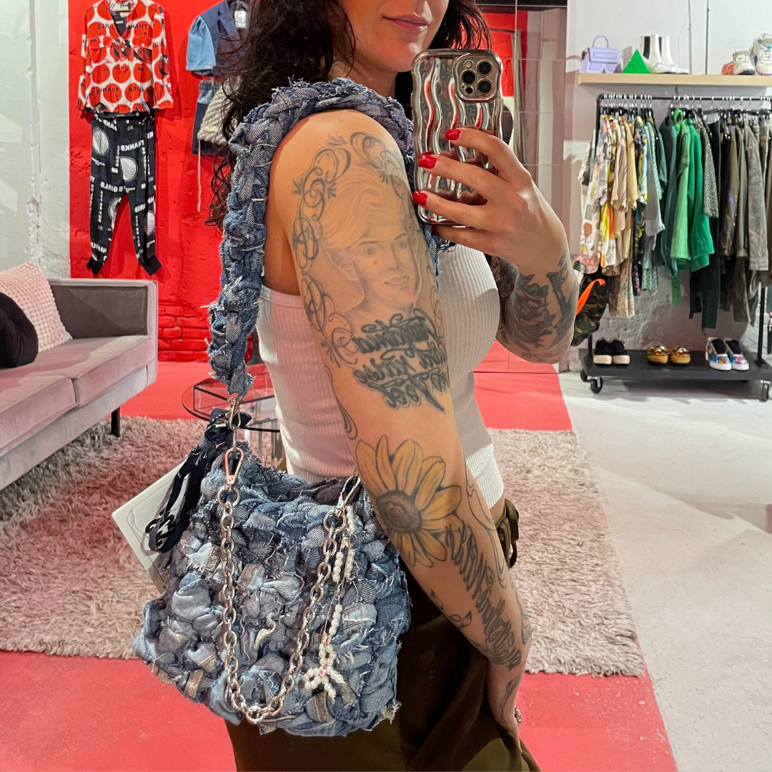Dark blue denim Jeanie bag w/ chain Medium- By SOS.Reset