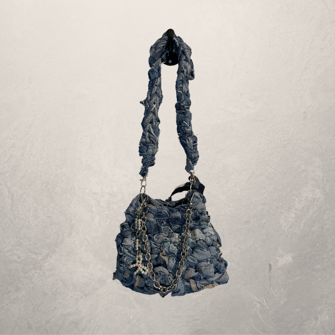 Dark blue denim Jeanie bag w/ chain Medium- By SOS.Reset