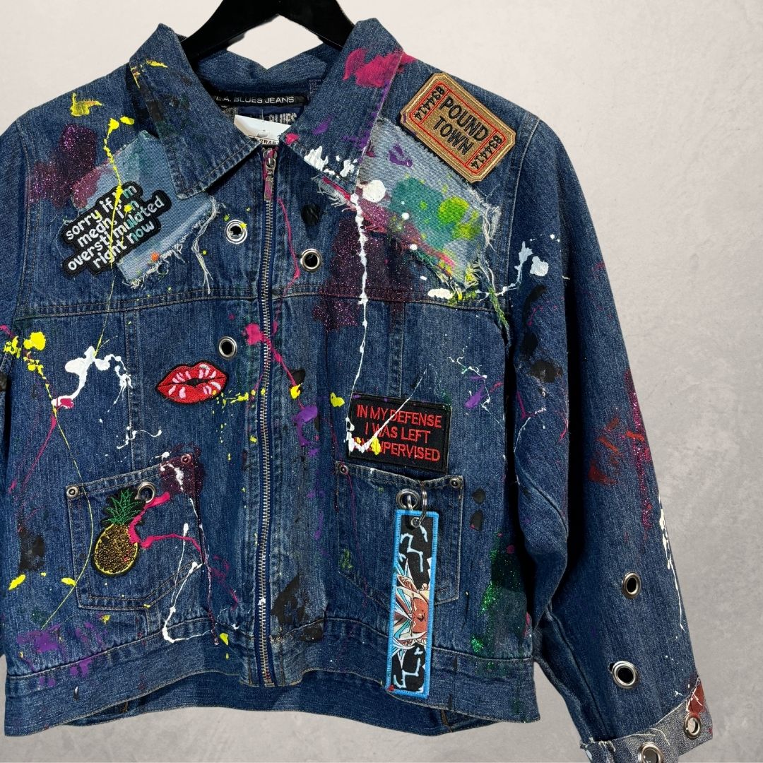 Dark blue handpainted crop denim jacket Small - by M.a.r.r.art