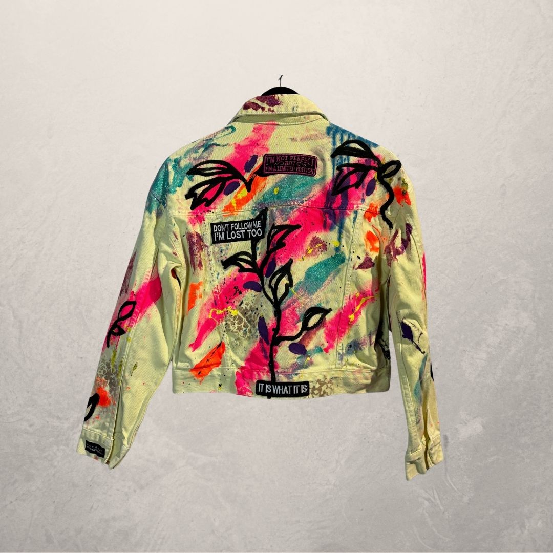Festival yellow crop denim jacket Small- by M.a.r.r.art