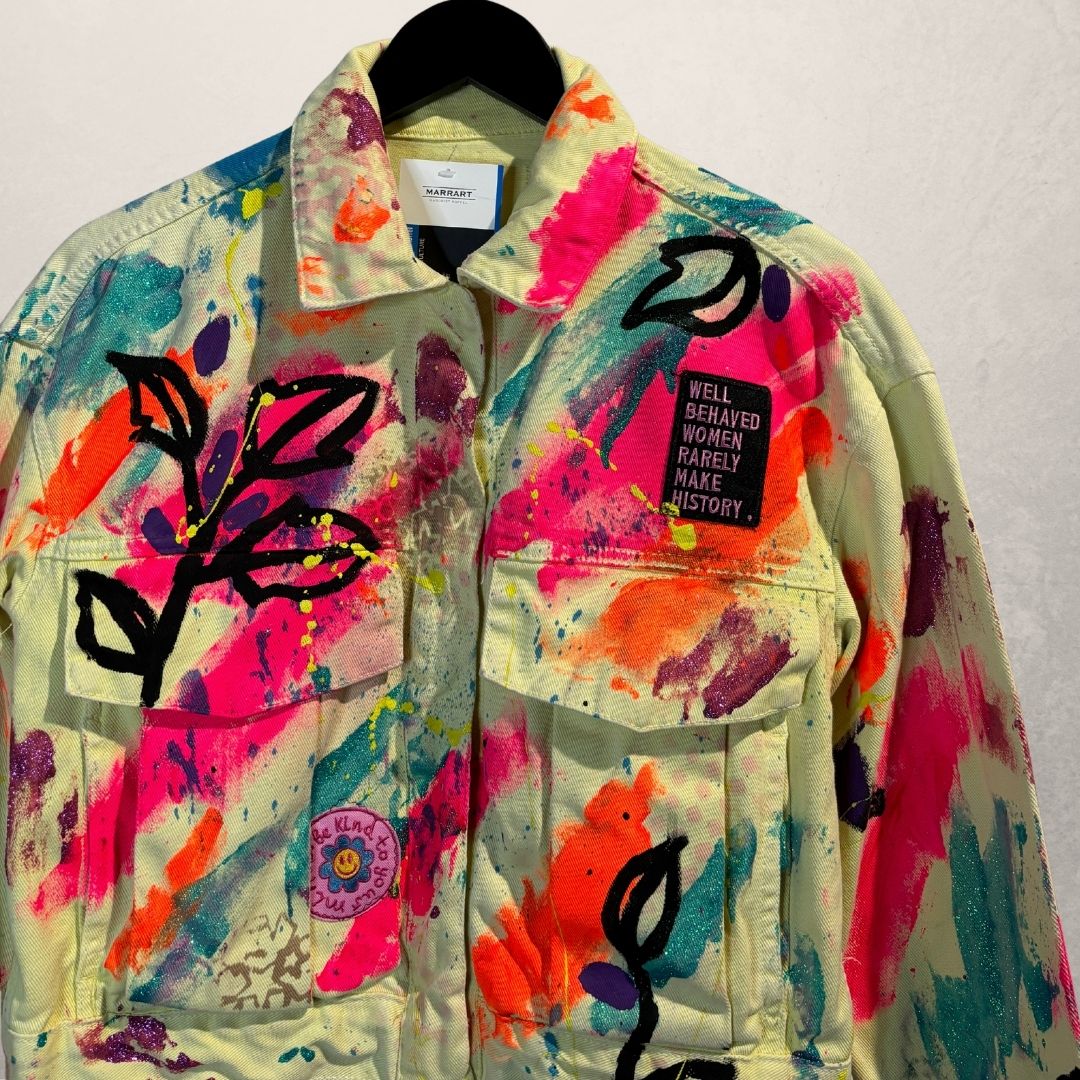Festival yellow crop denim jacket Small- by M.a.r.r.art