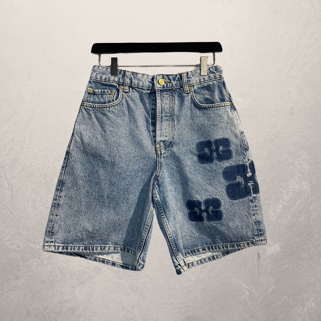 Ganni lichtblauwe logo lange denim shorts S
