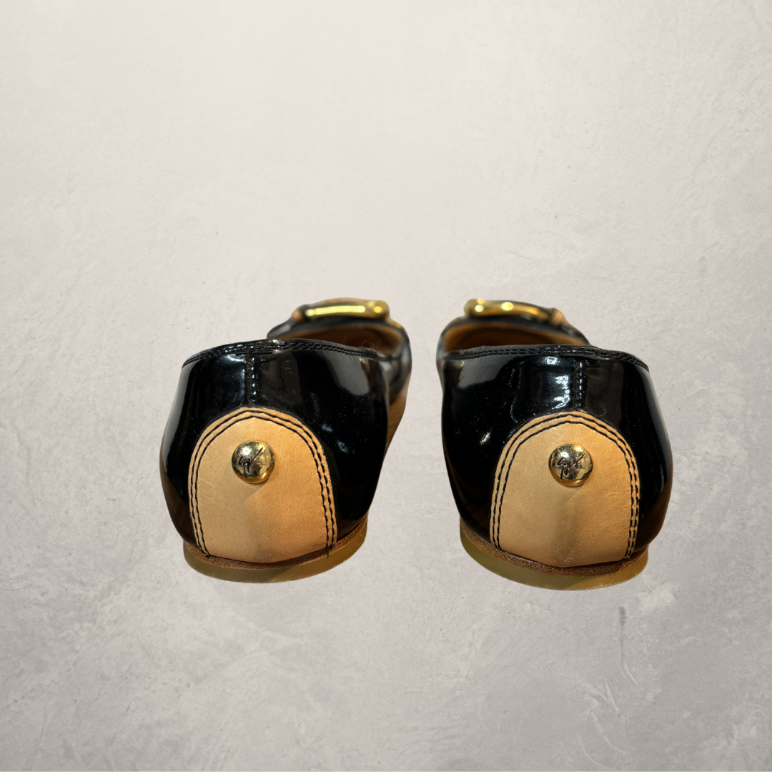 Giuseppe Zanotti black patent leather gold buckle ballerina flats 39,5