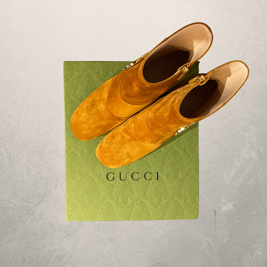 Gucci cognac & gold emblem suede boots 42