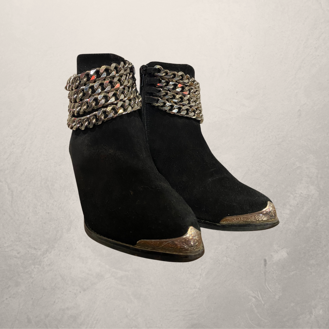 Jeffrey Campbell black suede silver chain ankle boots 38