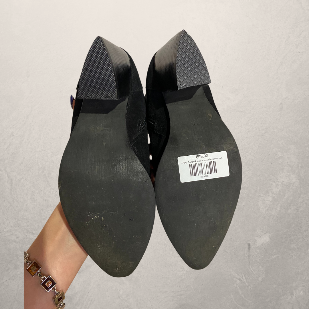 Jeffrey Campbell black suede silver chain ankle boots 38