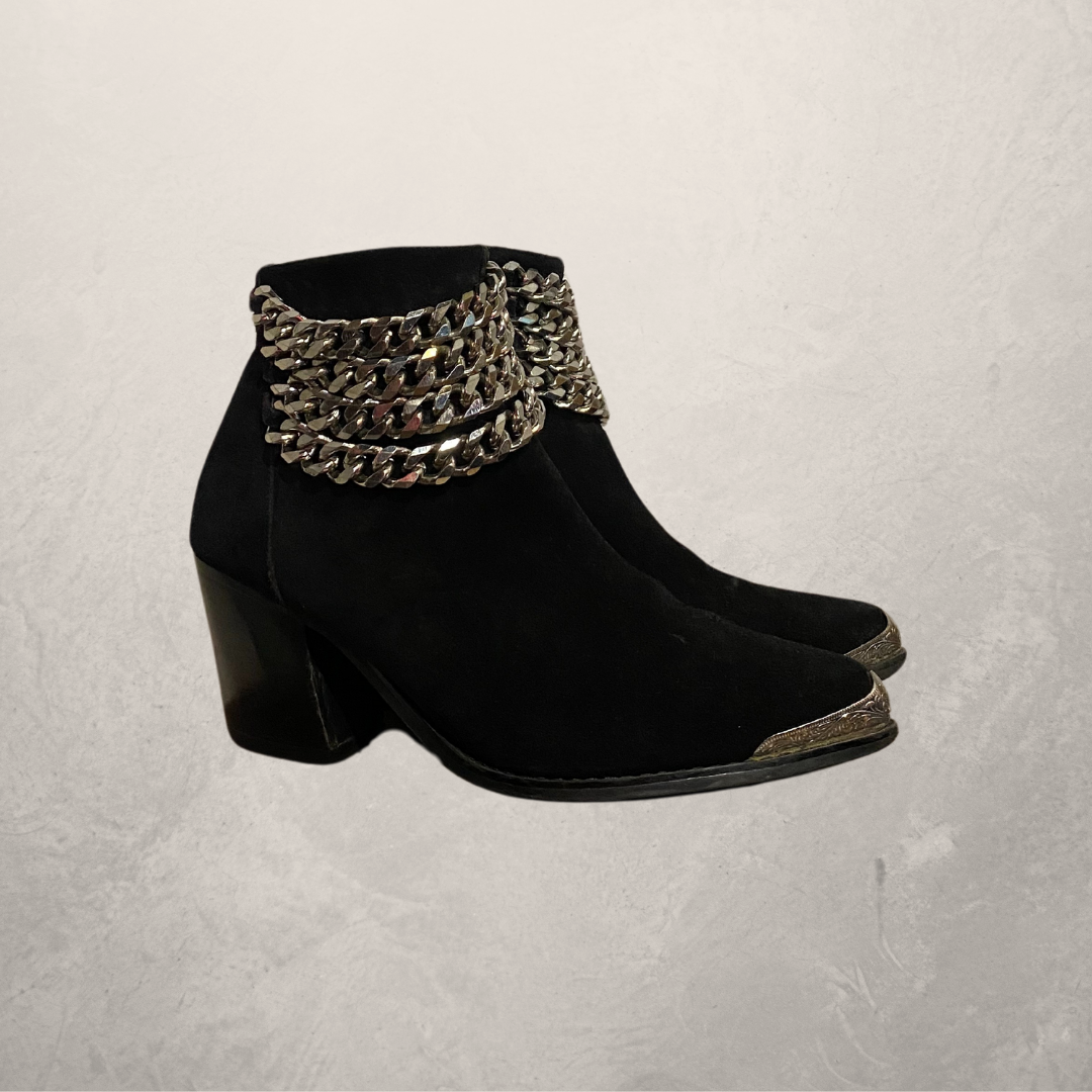 Jeffrey Campbell black suede silver chain ankle boots 38