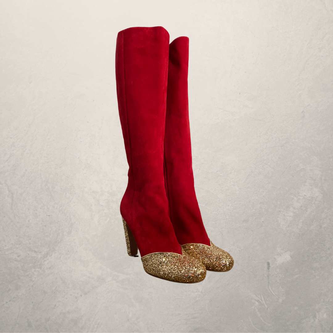Miu Miu red velvet glitter toe knee high boots 42 - Main Image