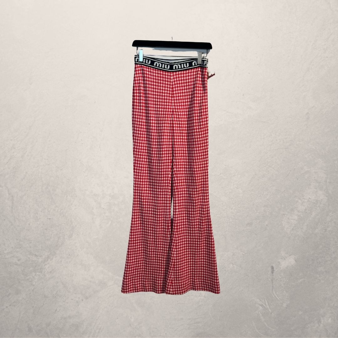 Miu Miu rood/wit geruit wolmix gebreide broek met logo tailleband M
