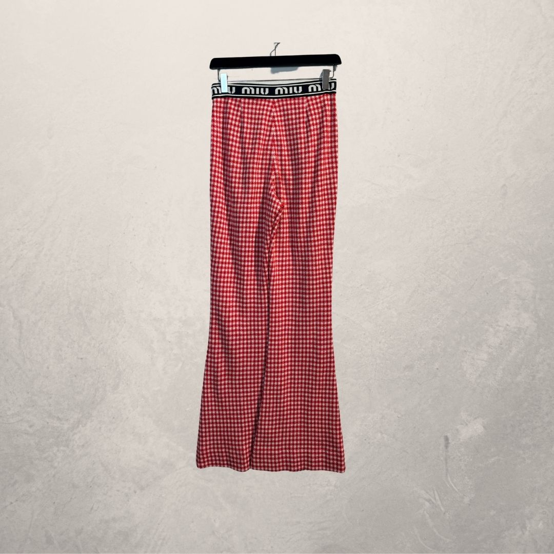 Miu Miu rood/wit geruit wolmix gebreide broek met logo tailleband M