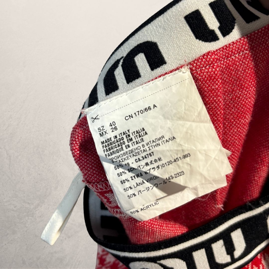 Miu Miu rood/wit geruit wolmix gebreide broek met logo tailleband M