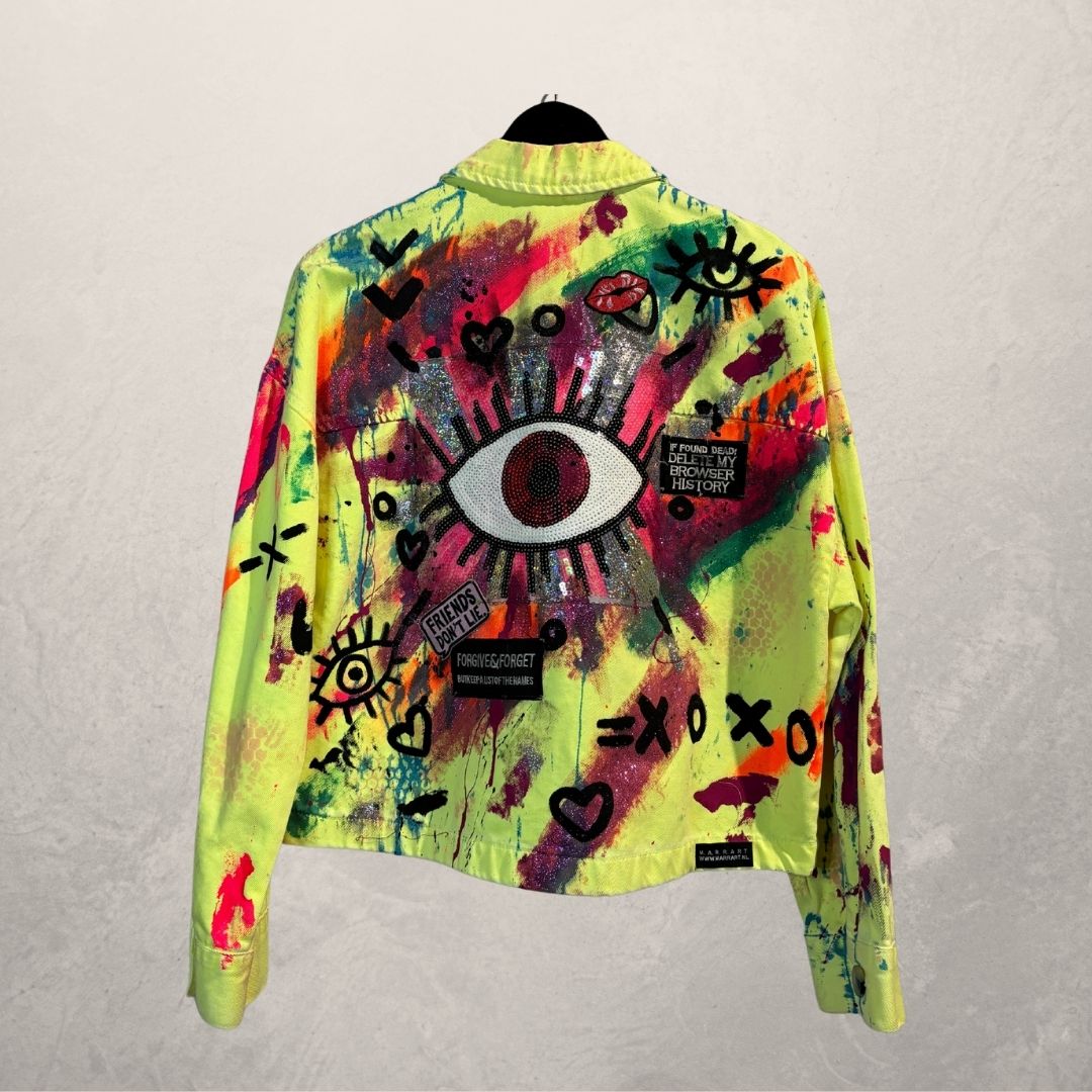 Neon dream yellow crop denim jacket Small- by M.a.r.r.art