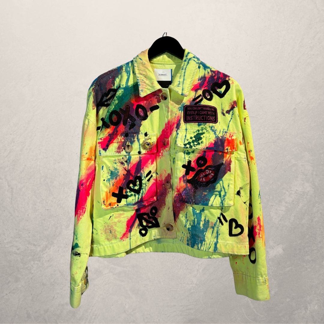 Neon dream yellow crop denim jacket Small- by M.a.r.r.art