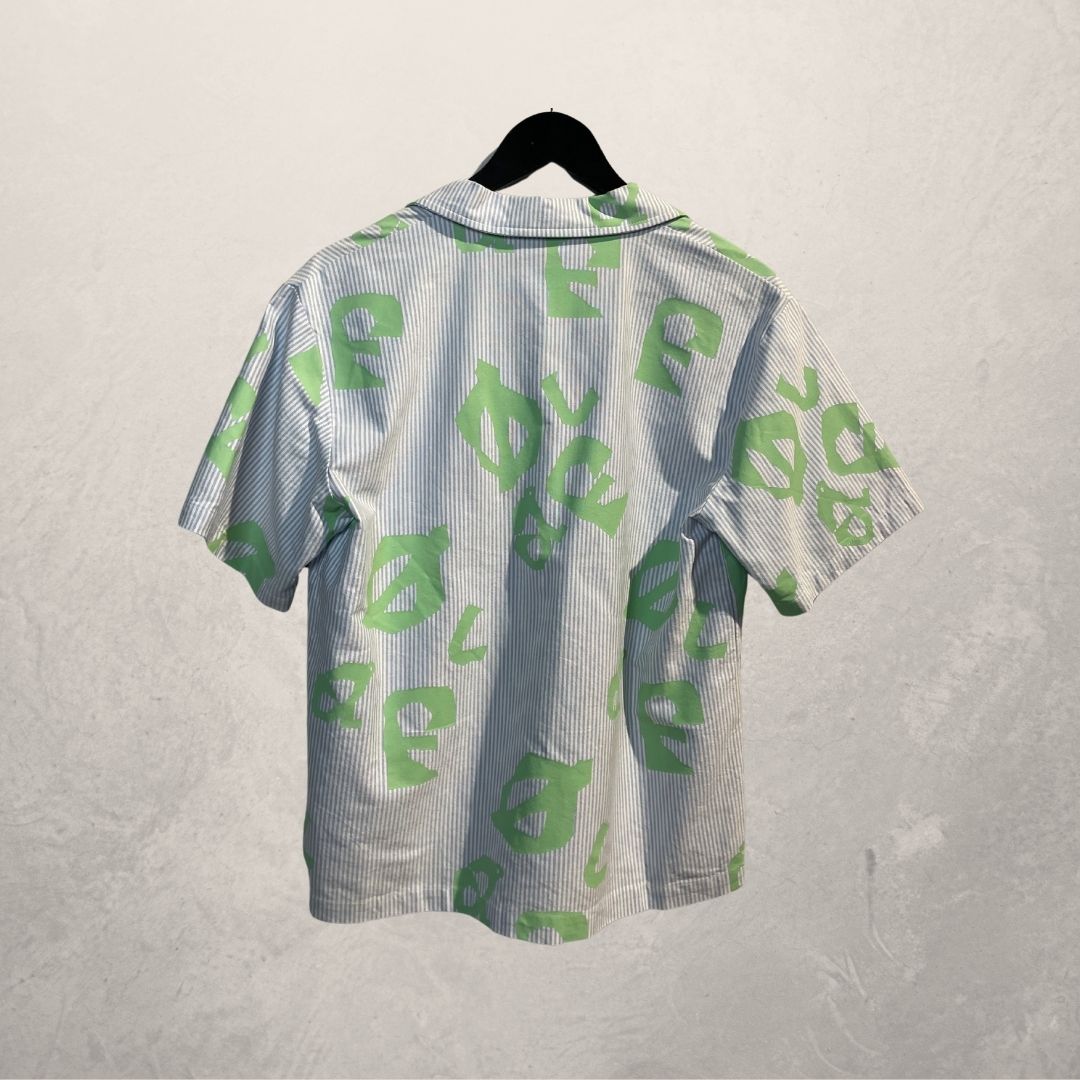 OLAF 100% katoenen blauwe krijtstreep blouse met groene print XS