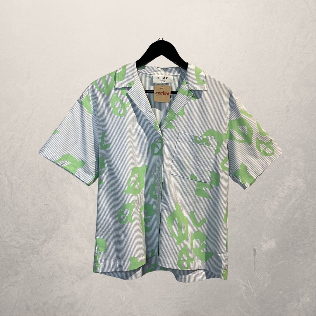 OLAF 100% katoenen blauwe krijtstreep blouse met groene print XS