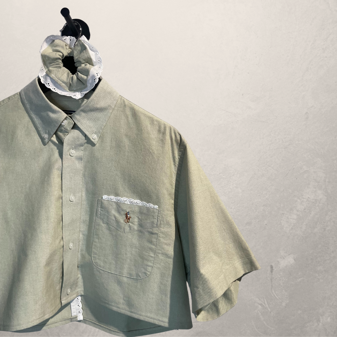 Polo Ralph Lauren soft sage green cropped open back blouse M/L- By Mees.Makes