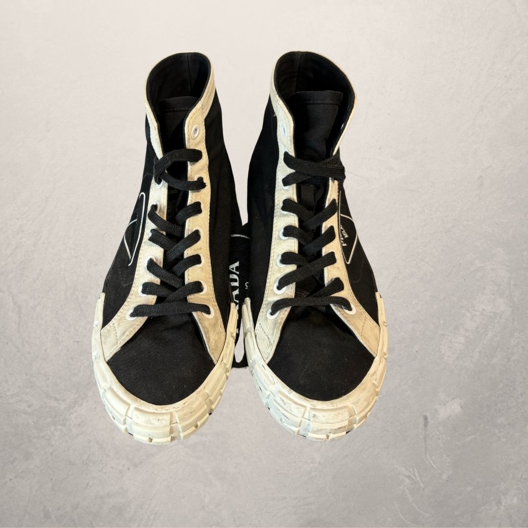 Prada black and white Wheel high-top logo sneakers 44