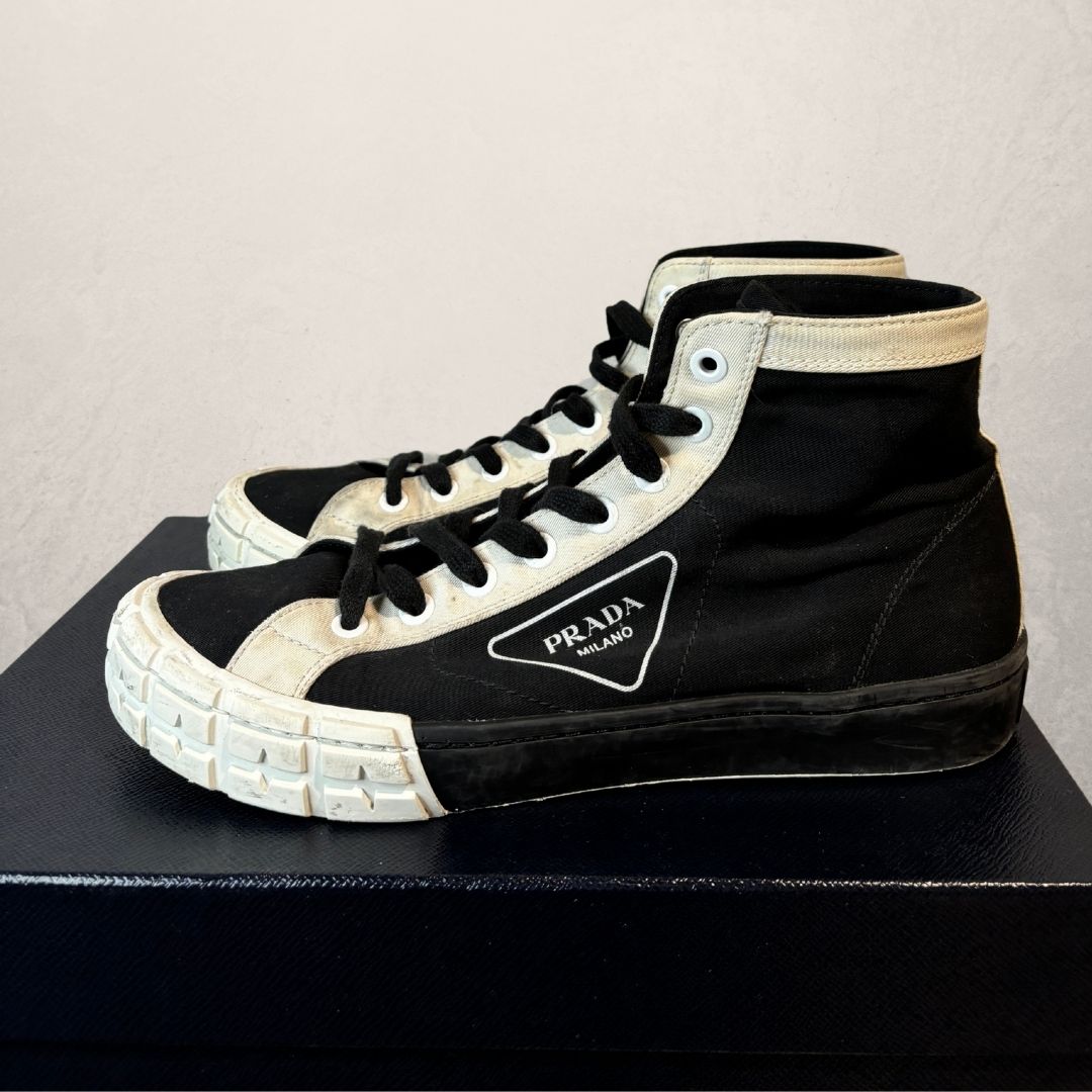 Prada black and white Wheel high-top logo sneakers 44