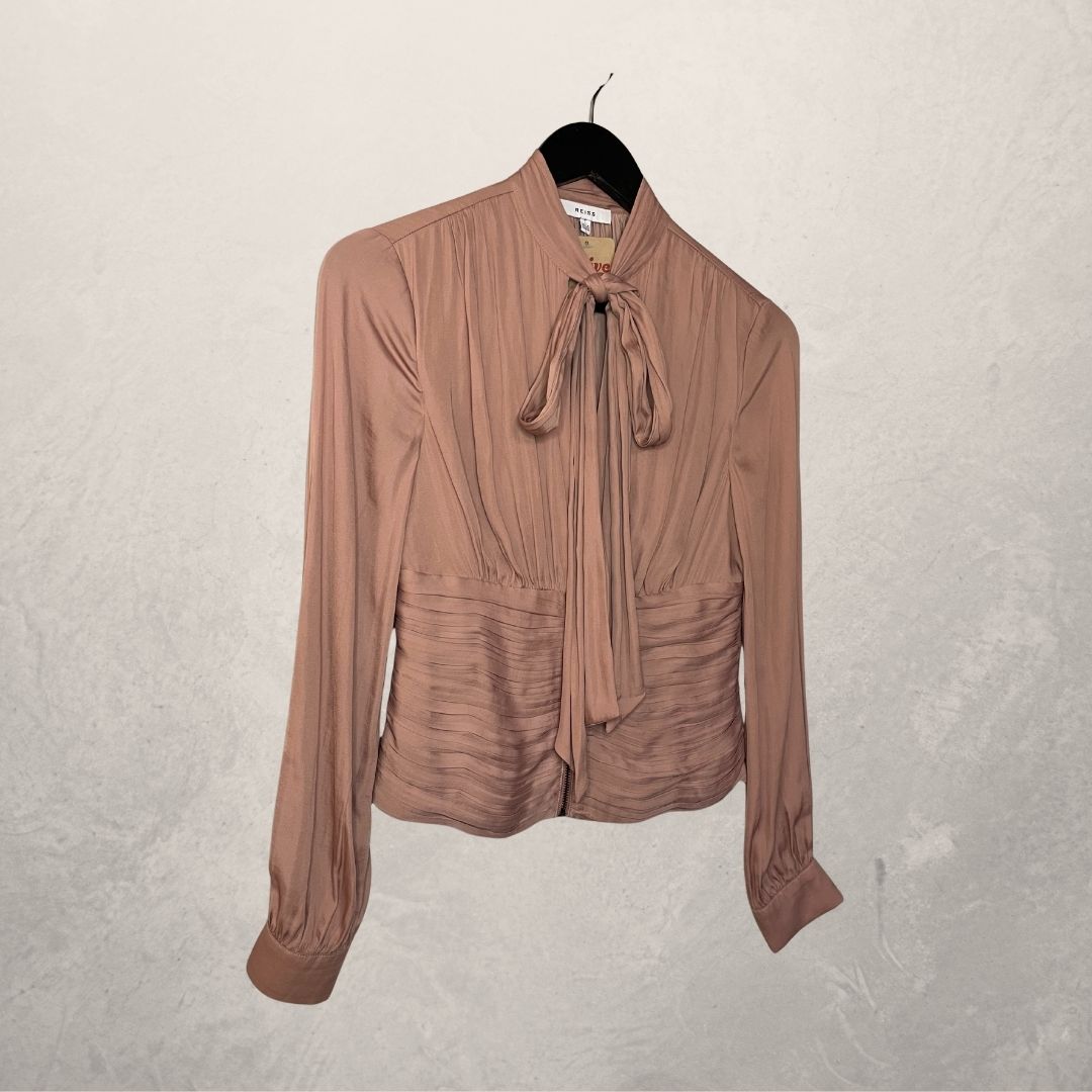 Reiss pink longsleeve fitted ruffle blouse w/ tie XS