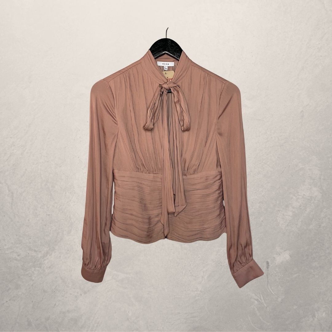 Reiss pink longsleeve fitted ruffle blouse w/ tie XS