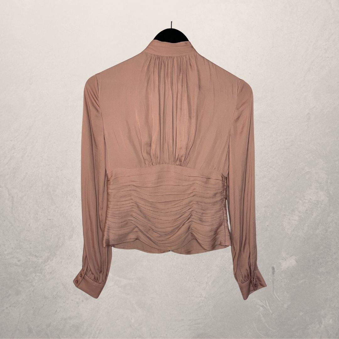 Reiss pink longsleeve fitted ruffle blouse w/ tie XS
