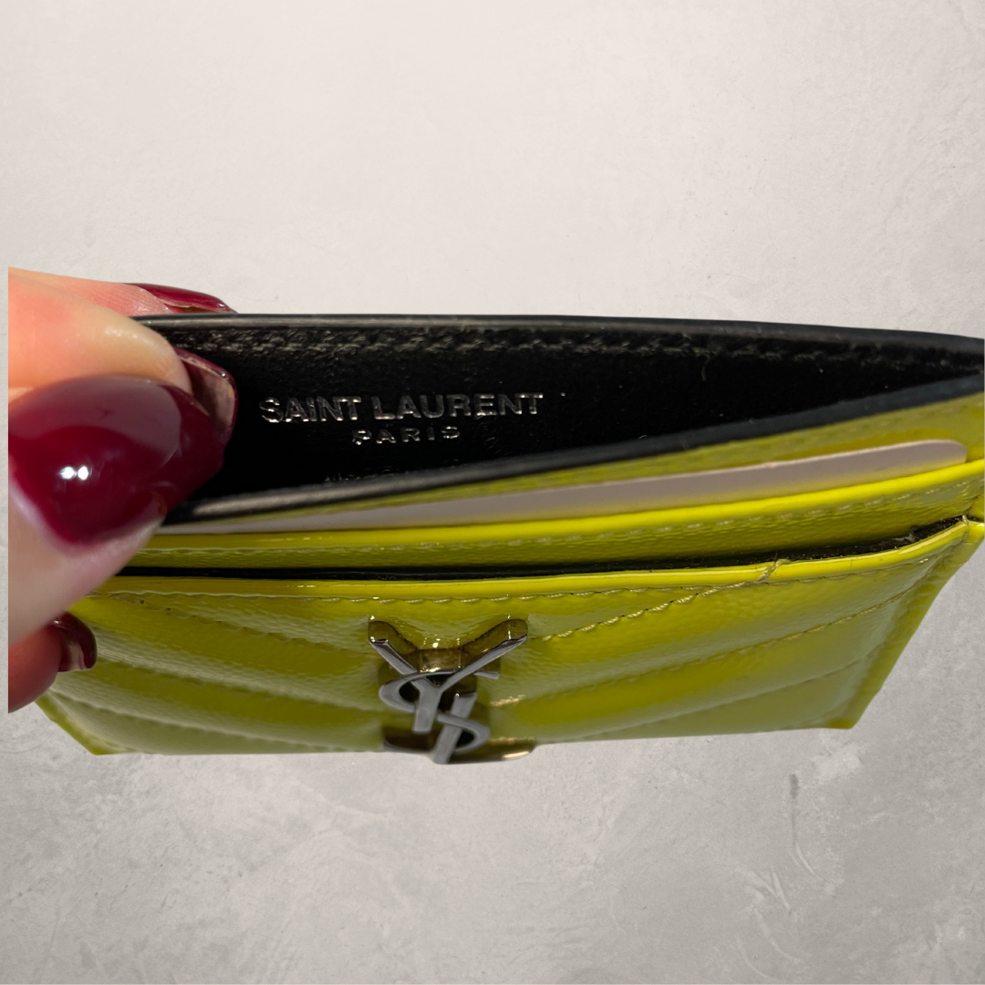 Saint Laurent neon gele kaarthouder zilveren hardware