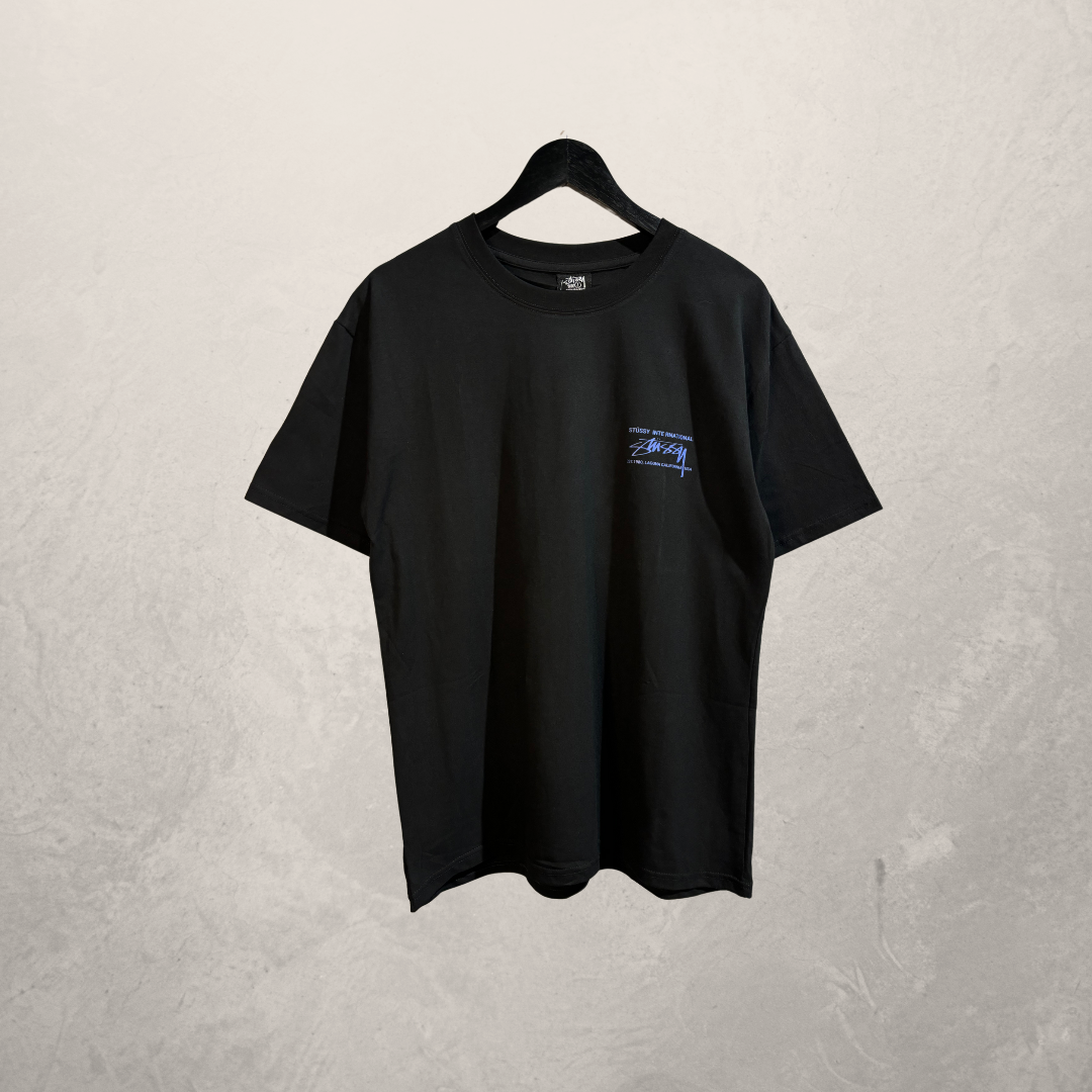 Stussy zwart blauw laguna beach tekst t-shirt L